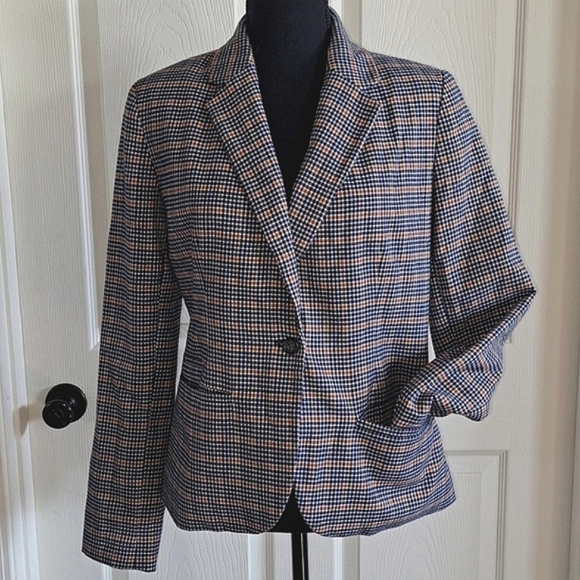 Merona Plaid Navy Orange Wool Blend Causal With Pockets Blazer Jacket - Picture 1 of 10